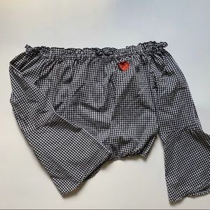 gingham off-the-shoulder top with rose patch